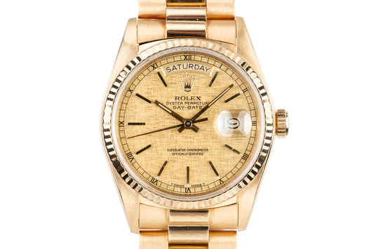 1985 Rolex 18K YG Day-Date 18038 with Gold Linen Dial
