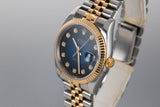 2003 Rolex Two Tone DateJust 116233 with No Lume Blue Diamond Vignette Dial