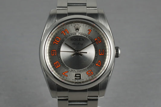 2006 Rolex Air-King M serial 114200 Silver Concentric and Orange Dial