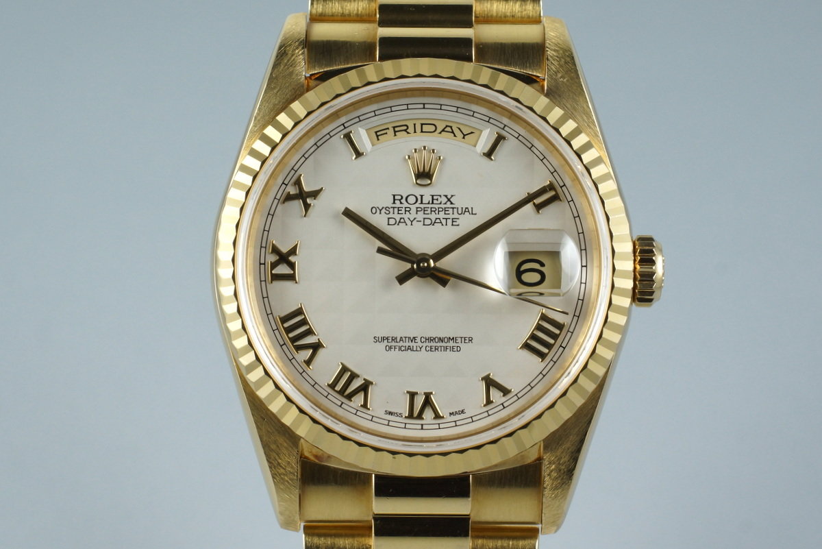 HQ Milton - 1990 Rolex YG Day-Date 18238 with Cream Pyramid Dial 