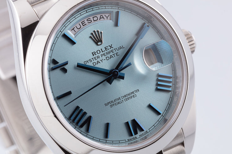2018 Platinum Day Date 228206 with Glacier Blue Roman Quadrant Motif Dial and Box and Card