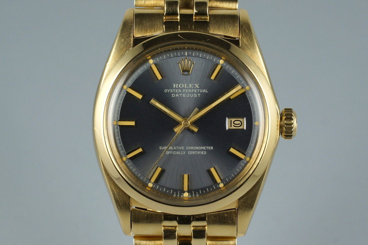 HQ Milton 1972 Rolex YG DateJust 1600 Blue Wide Boy Sigma Dial Inventory 5132 For Sale