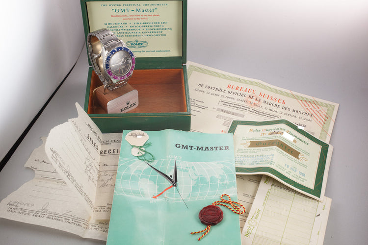 1960 Rolex pointed Crown Guard GMT-Master 1675 Tropical Gilt Dial with Box and Papers from the Original Air Force Pilot Owner