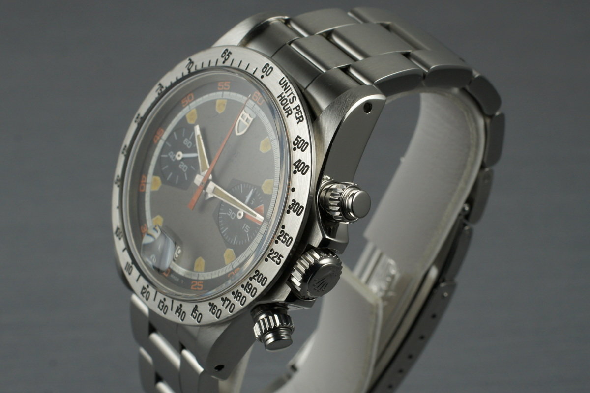 Tudor 7032/0 — Tropical Home Plate Dial. The photographed specimen has an older relume disclosed by the dealer. · Photo: HQ Milton · © HQ Milton, used with permission · Source: https://hqmilton.com/products/1970-tudor-monte-carlo-7032-0-tropical-home-plate-dial