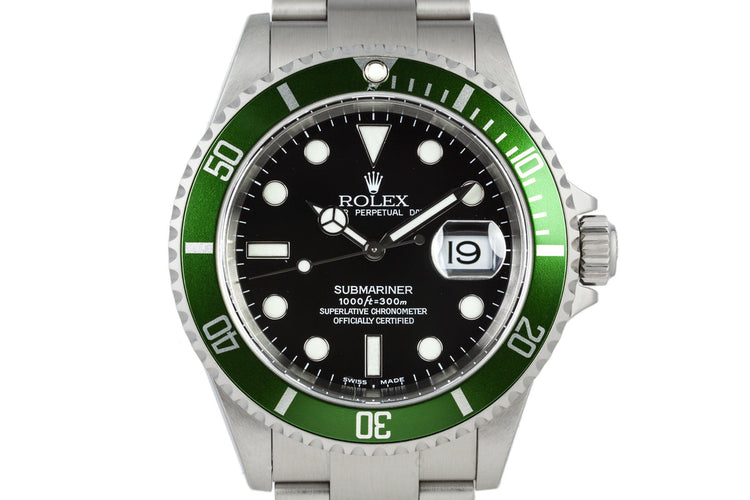 2003 Rolex Green Submariner 16610LV Mark 1 dial and Flat 4 Bezel with Box and Papers