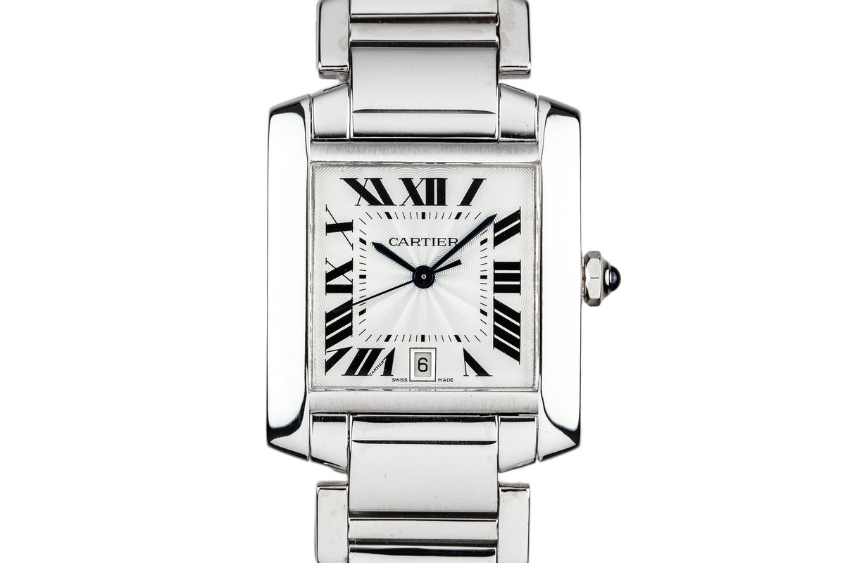 HQ Milton Cartier 18K Large White Gold Tank Francaise Date