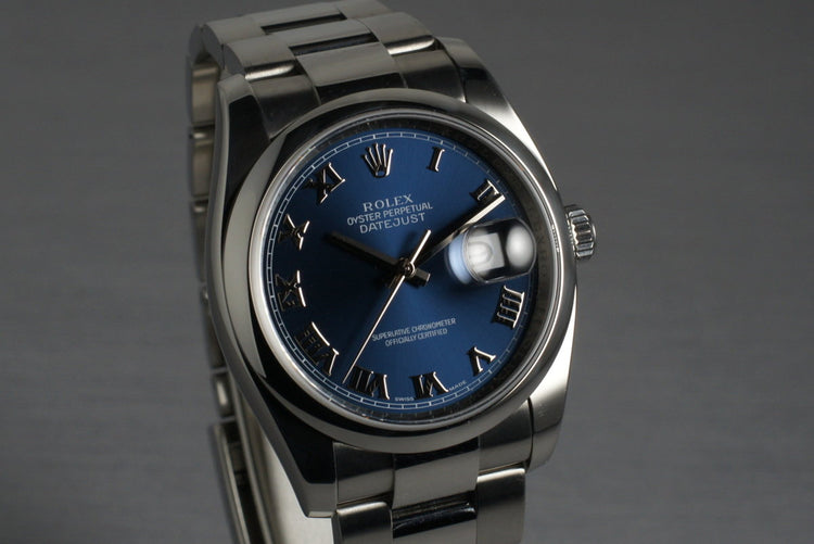 2007 Rolex Datejust 116200 Blue Roman Dial with Box and Papers