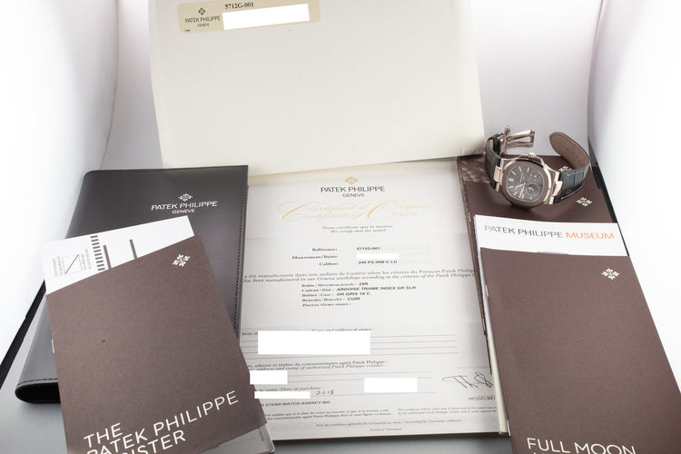 Mint 2018 18K White Gold Patek Philippe Nautilus 5712 Moon Phase Grey Dial with Box, Papers, and Travel Case