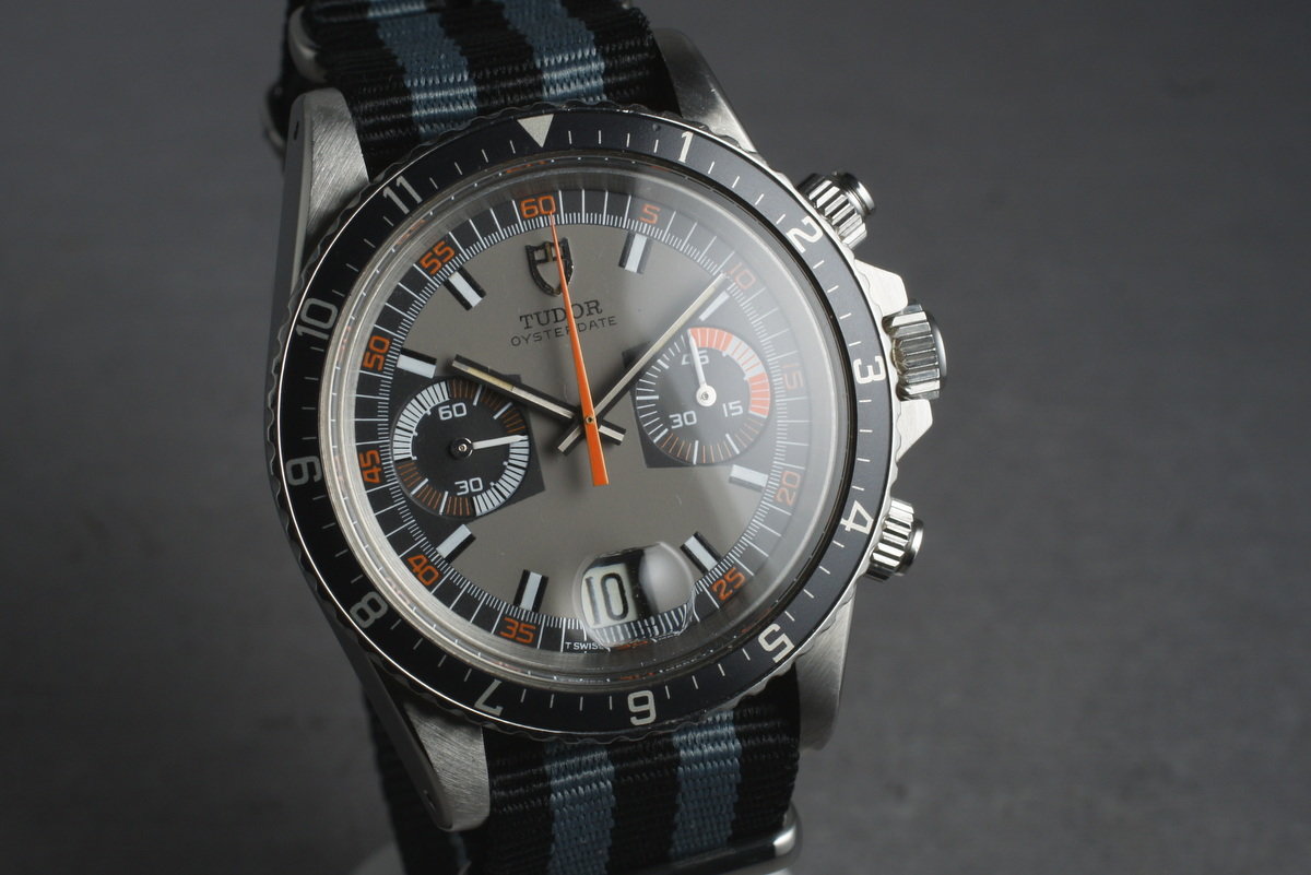 Tudor 7169/0 — Black and Grey Dial. The dealer discloses that lume was removed from this specimen’s markers. · Photo: HQ Milton · © HQ Milton, used with permission · Source: https://hqmilton.com/products/1975-tudor-monte-carlo-7169-0