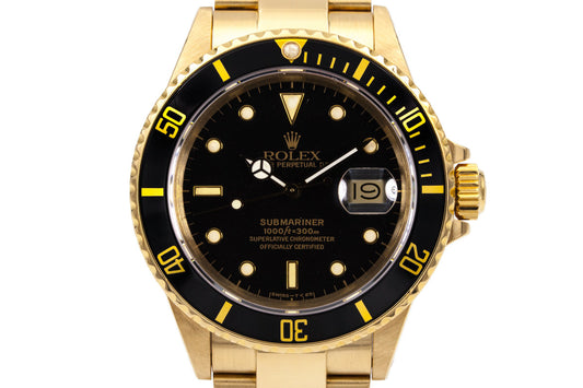 1988 Rolex YG Submariner 16808 Black YG Surround Dial with Box and Papers
