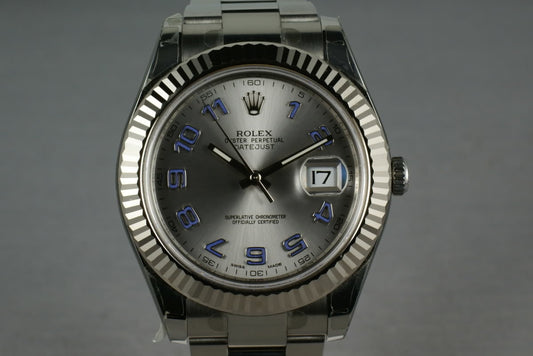 Rolex Datejust II 116334 with RHODIUM and BLUE ARABIC dial MINT