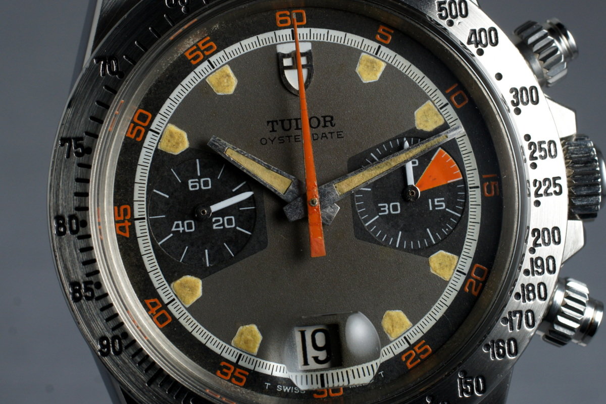 Tudor 7032/0 — Tropical Home Plate Dial. The photographed specimen has an older relume disclosed by the dealer. · Photo: HQ Milton · © HQ Milton, used with permission · Source: https://hqmilton.com/products/1970-tudor-monte-carlo-7032-0-tropical-home-plate-dial