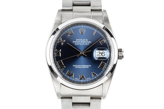 1999 Rolex DateJust 16200 Blue Roman Numeral Dial with Service Papers