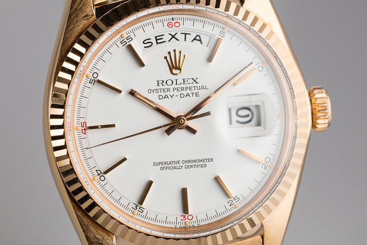 1968 Rolex 18K Rose Gold Day-Date 1803 White Dial with Portuguese Date Disk and Red Quarter Index Markers