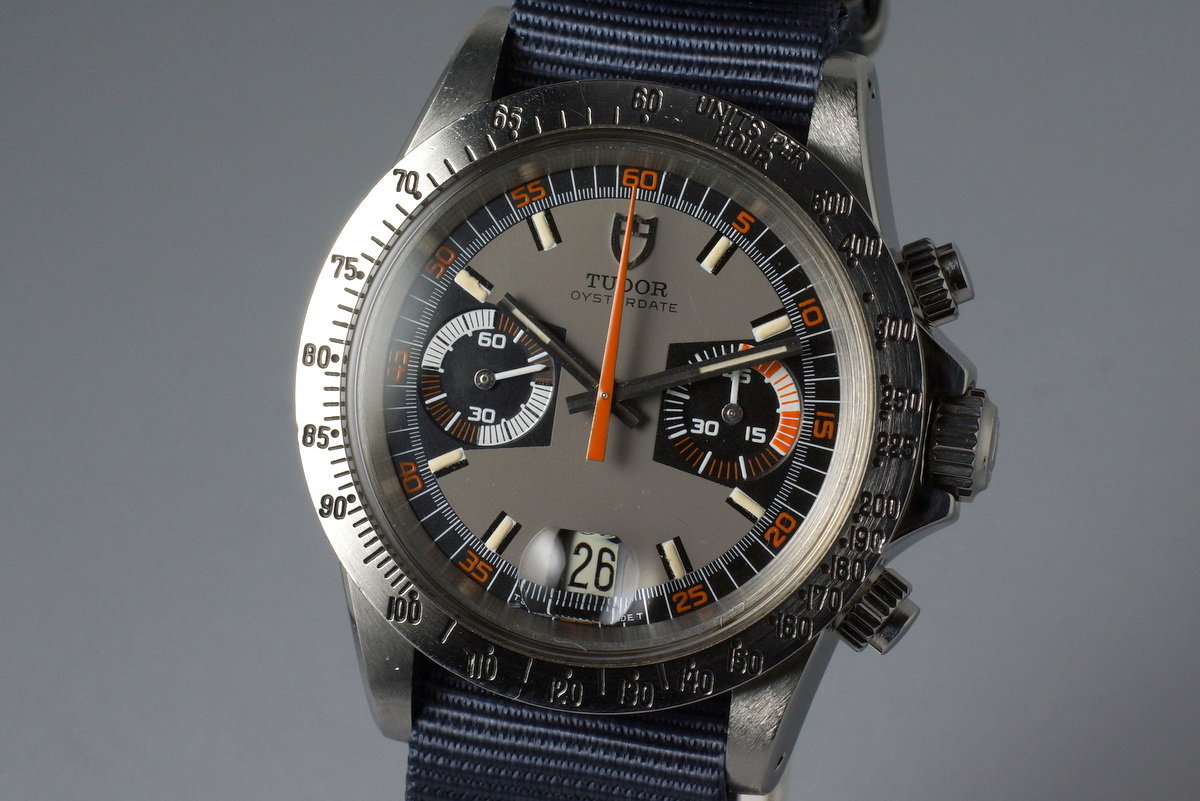 Tudor 7159/0 — Black and Grey Dial. · Photo: HQ Milton · © HQ Milton, used with permission · Source: https://hqmilton.com/products/1975-tudor-monte-carlo-7159-0-gray-dial