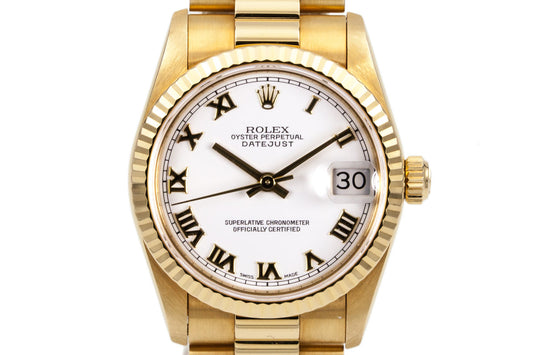 1995 Rolex YG MidSize Datejust 68278 White Roman Dial with Box and Papers