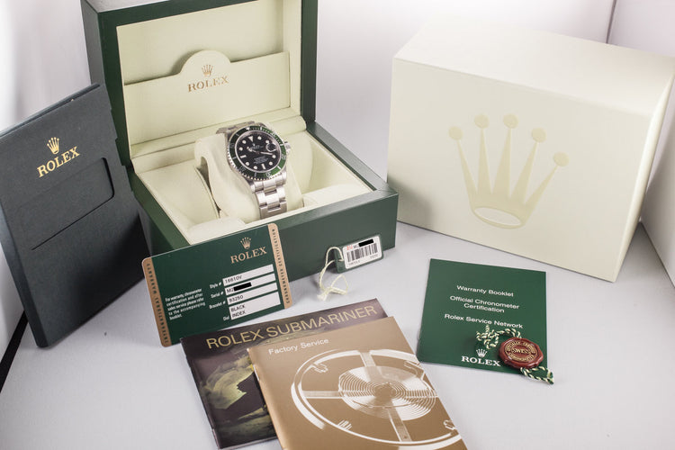 Mint with Stickers 2007 Rolex Anniversary Green Submariner 16610V with Box and Papers