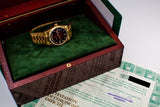 1986 Rolex YG Day Date 18038 Factory Diamond Red Vignette Dial with Box and Papers