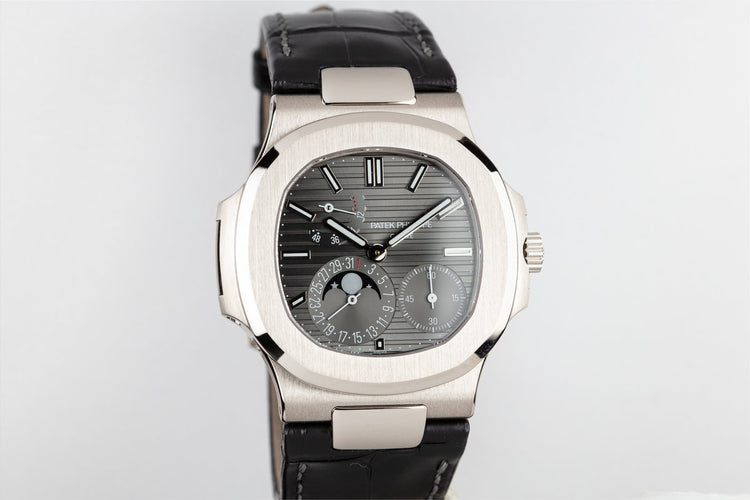 Mint 2018 18K White Gold Patek Philippe Nautilus 5712 Moon Phase Grey Dial with Box, Papers, and Travel Case