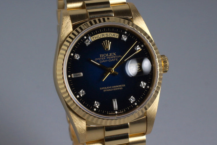 1989 Rolex YG Day-Date 18238 Factory Blue Vignette Diamond Dial