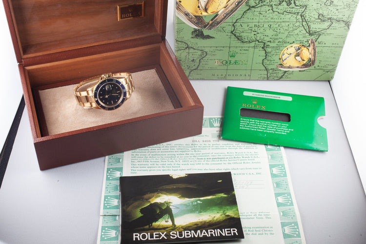 1988 Rolex 18K Gold Submariner 16808 Blue Nipple Dial with Box and Papers