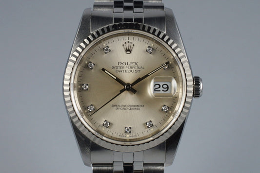 1990 Rolex DateJust 16234 with Factory Diamond Silver Dial
