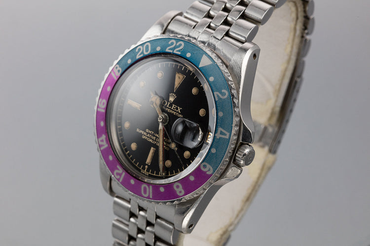 1961 Rolex Pointed Crown Guard GMT-Master 1675 Fuchsia with Gilt Chapter Ring Exclamation Dial
