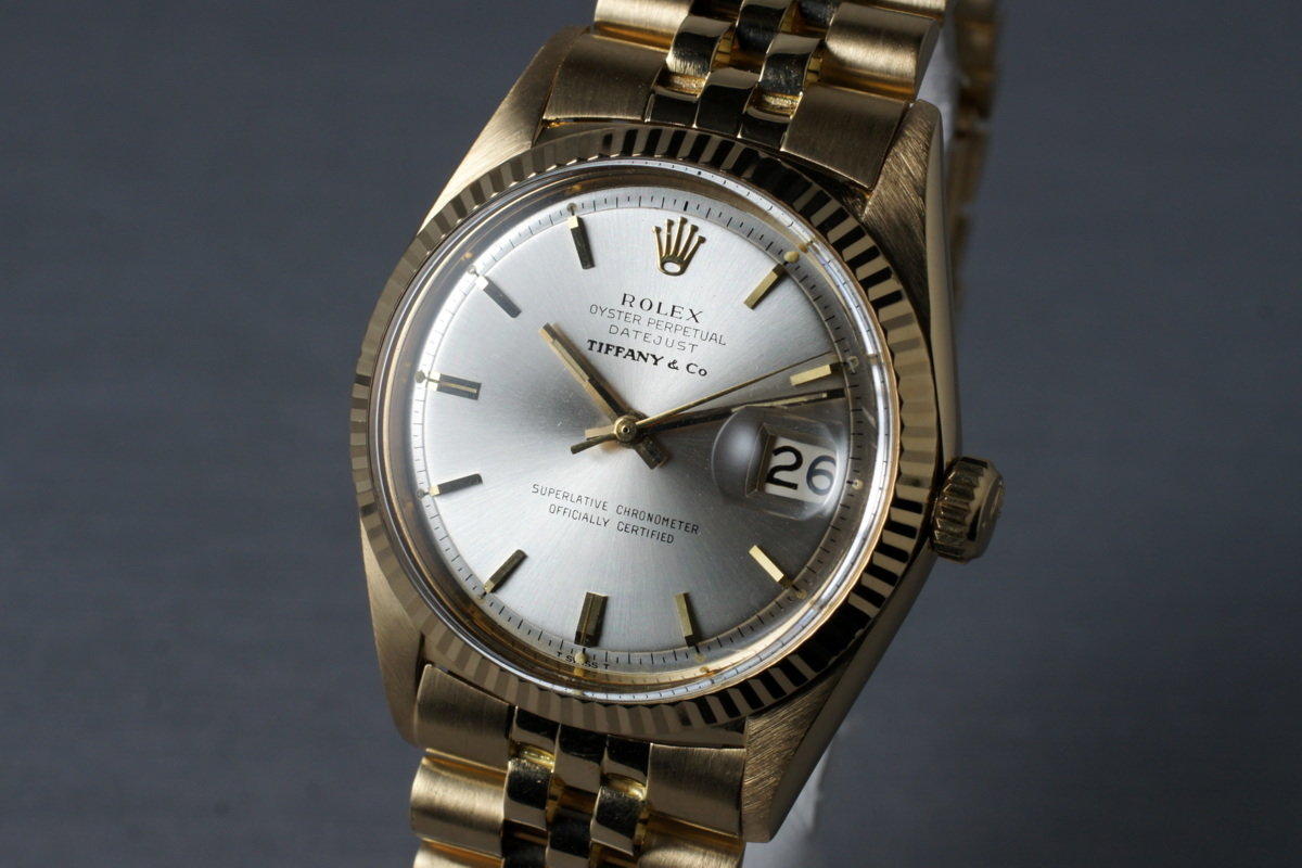Rolex 1601 — Yellow Gold, Silver Tiffany & Co. Dial. Photographed dealer specimen. Tiffany signature is attributed by the dealer; no papers supplied. Documented example: 1966. Production span has not been established. · Photo: HQ Milton · © HQ Milton, used with permission · Source: https://hqmilton.com/products/1966-rolex-18k-datejust-1601-with-tiffany-co-dial