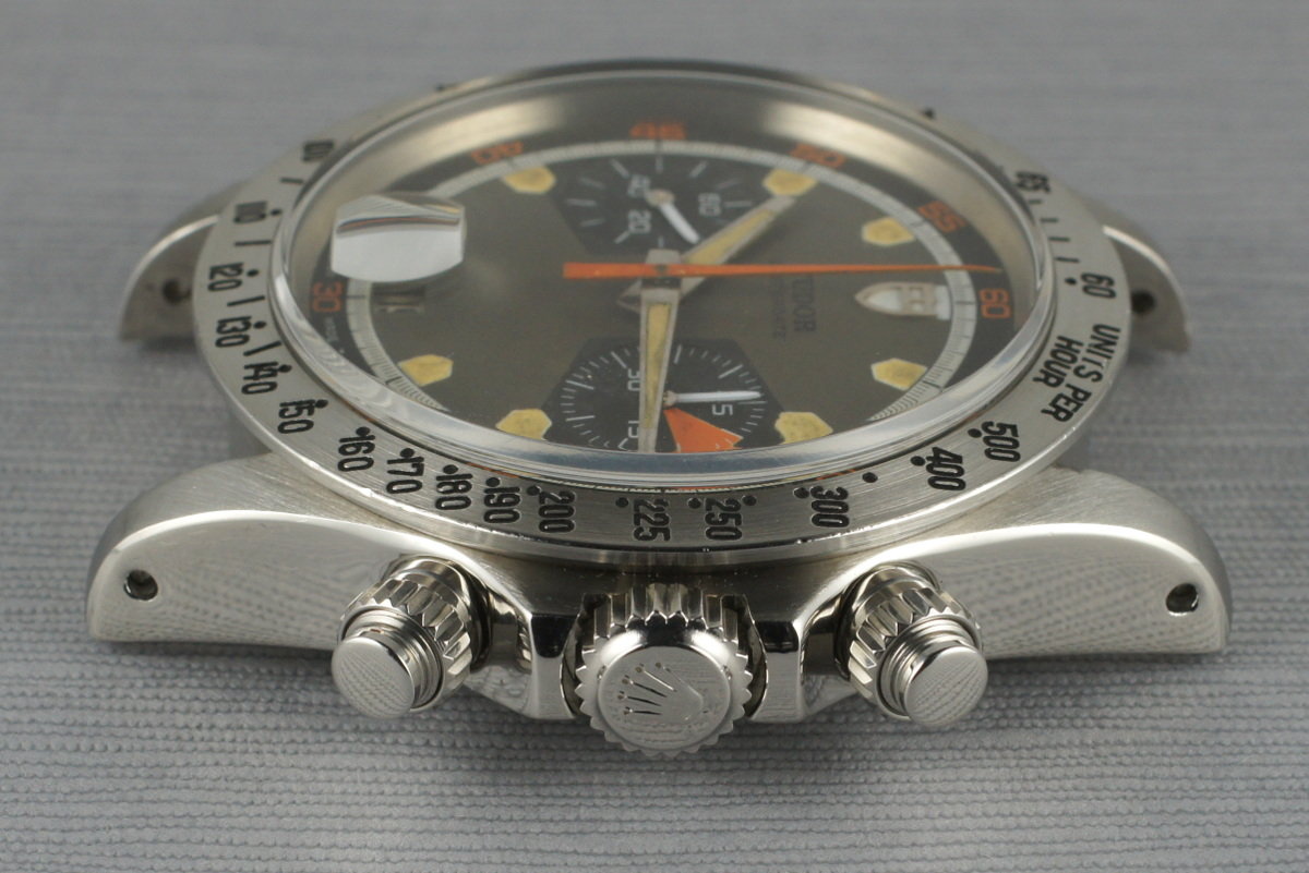 Tudor 7032/0 — Tropical Home Plate Dial. The photographed specimen has an older relume disclosed by the dealer. · Photo: HQ Milton · © HQ Milton, used with permission · Source: https://hqmilton.com/products/1970-tudor-monte-carlo-7032-0-tropical-home-plate-dial