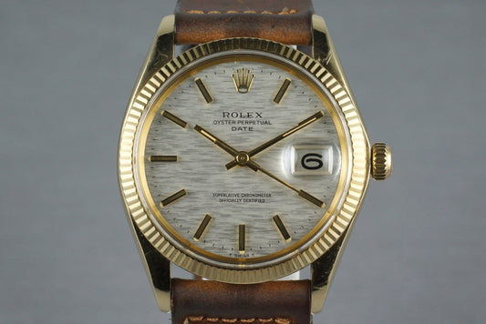 1973 Rolex 14K YG Date 1503 Linen Dial with Box and Papers