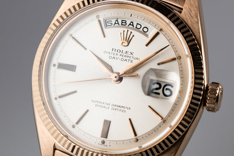 1960 Rolex 18K Rose Gold Day-Date 1803 with Spanish Day Wheel and Oyster Bracelet