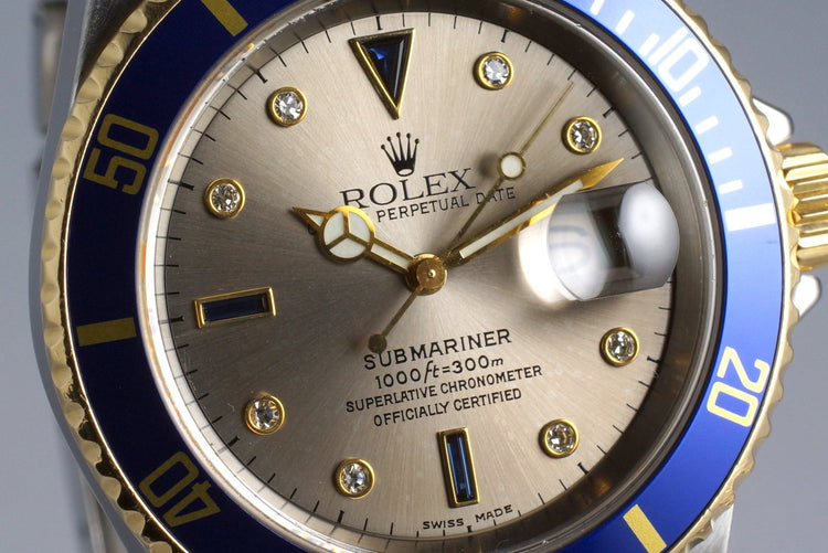 2002 Rolex Two Tone Submariner 16613 Silver Serti Dial