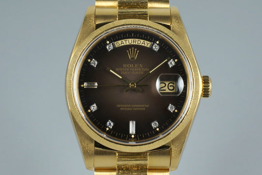 1979 Rolex YG Bark Day Date 18078 Factory Diamond Vignette Dial with Box and Papers