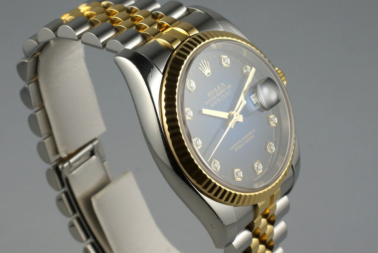 2004 Rolex Two Tone DateJust 116233 Factory Blue Vignette Diamond Dial with Box and Papers