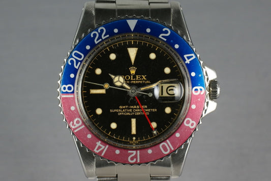 Rolex GMT Ref: 1675 Pointy Crown Guard chapter ring exclamation dial