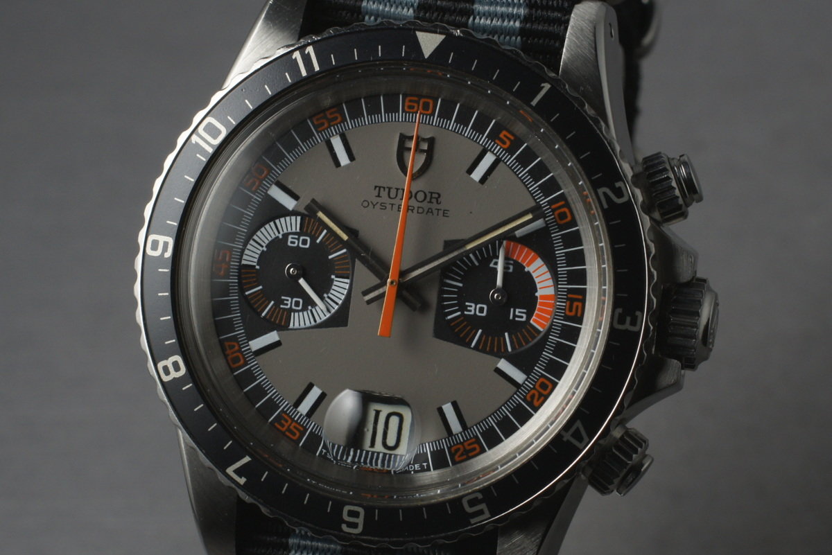 Tudor 7169/0 — Black and Grey Dial. The dealer discloses that lume was removed from this specimen’s markers. · Photo: HQ Milton · © HQ Milton, used with permission · Source: https://hqmilton.com/products/1975-tudor-monte-carlo-7169-0