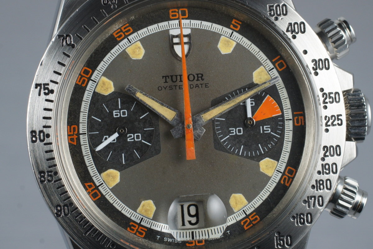 Tudor 7032/0 — Tropical Home Plate Dial. The photographed specimen has an older relume disclosed by the dealer. · Photo: HQ Milton · © HQ Milton, used with permission · Source: https://hqmilton.com/products/1970-tudor-monte-carlo-7032-0-tropical-home-plate-dial
