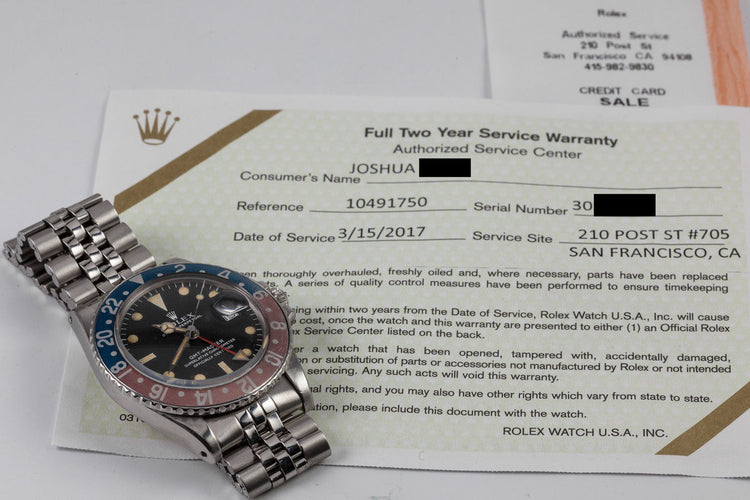 1971 Rolex GMT 1675 Mark I Dial with service papers