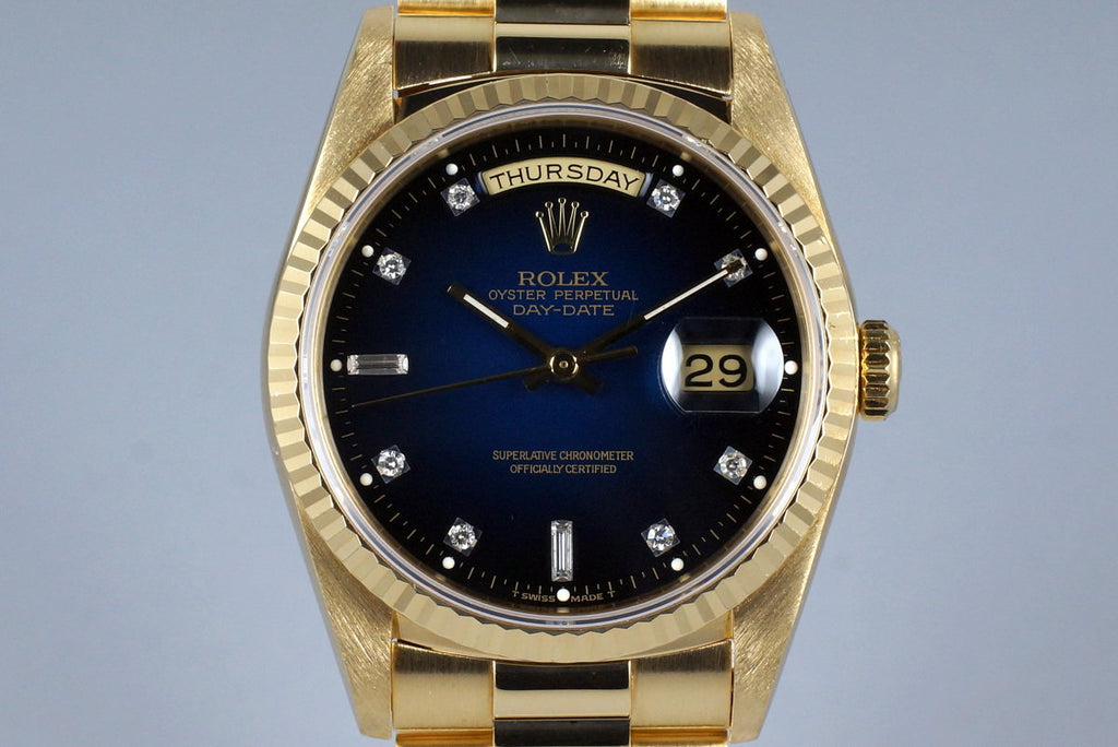1989 Rolex YG Day-Date 18238 Factory Blue Vignette Diamond Dial