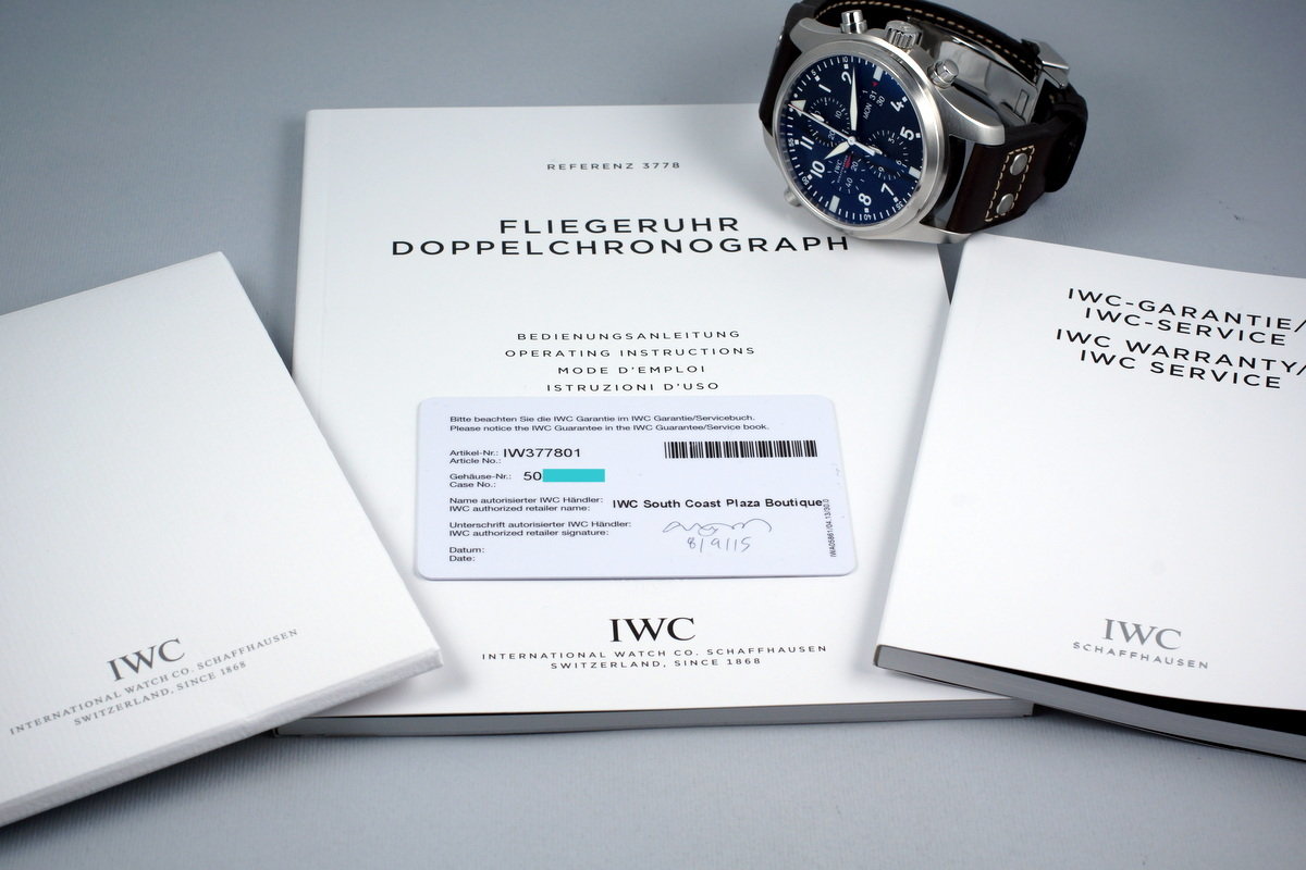 HQ Milton 2015 IWC Pilot s Watch Double Chronograph IW3778 with Box and Papers Inventory 6324 For Sale