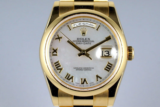 2002 Rolex YG Day-Date 118208 M-O-P Roman Dial with Box and Papers