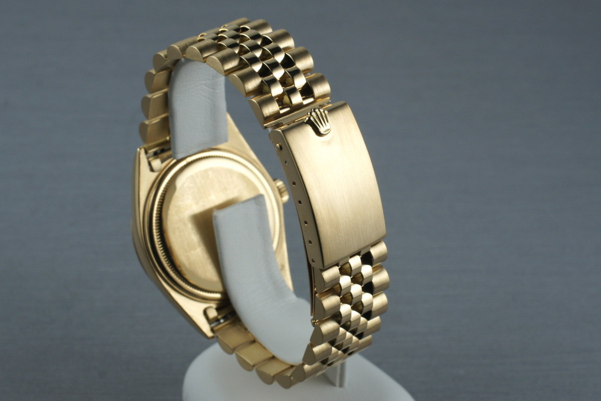 Rolex 1601 — Yellow Gold, Silver Tiffany & Co. Dial. Photographed dealer specimen. Tiffany signature is attributed by the dealer; no papers supplied. Documented example: 1966. Production span has not been established. · Photo: HQ Milton · © HQ Milton, used with permission · Source: https://hqmilton.com/products/1966-rolex-18k-datejust-1601-with-tiffany-co-dial