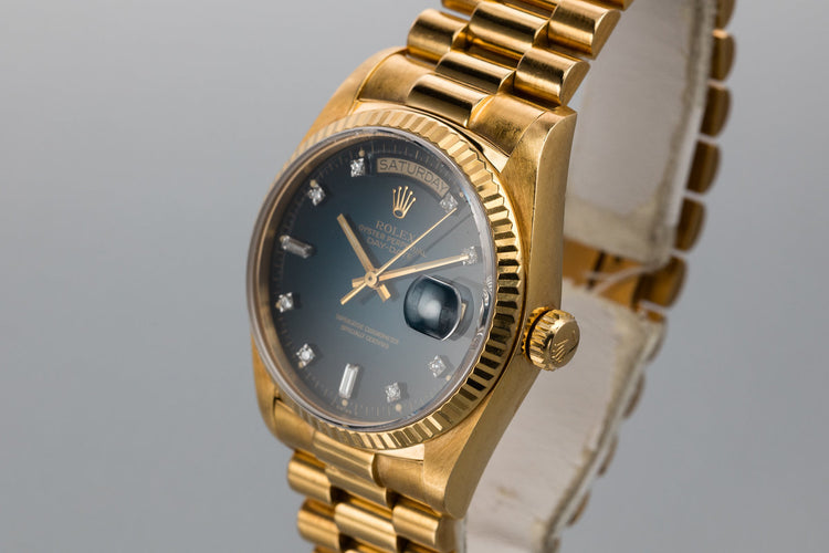 1985 Rolex 18K YG Day-Date 18038A with Factory Diamond Blue Vignette Dial