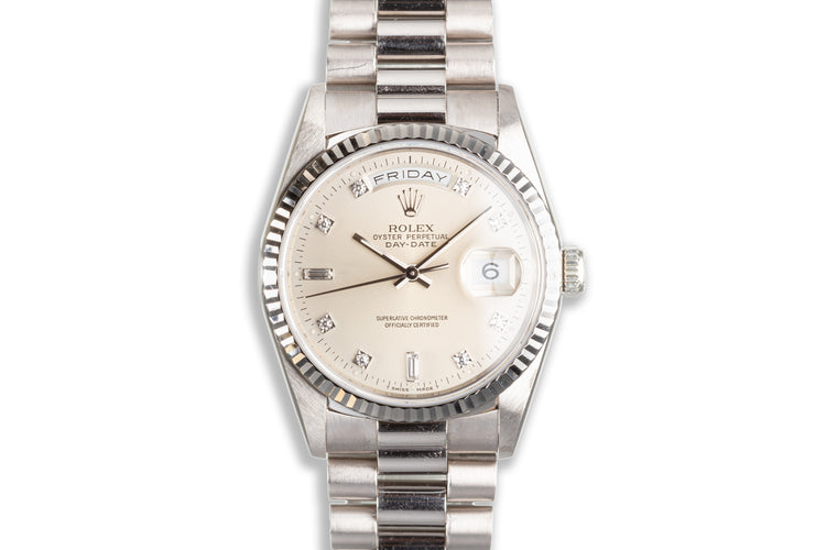 1995 Rolex 18k White Gold Day-Date 18239 with Silver Dial and Diamond Markers with Papers