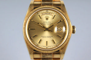 1979 Rolex YG Bark Day Date 18078 Champagne Dial with Box and Papers