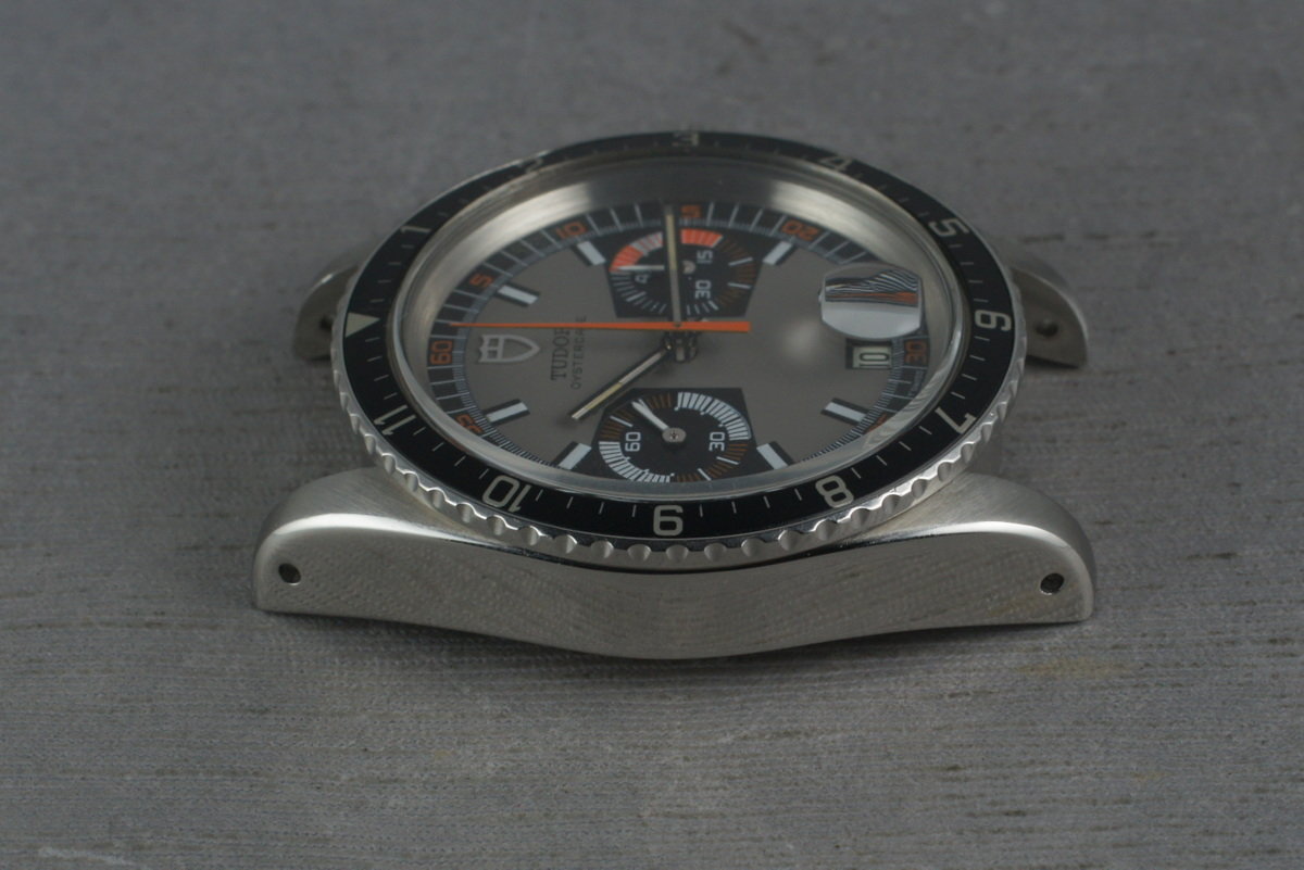 Tudor 7169/0 — Black and Grey Dial. The dealer discloses that lume was removed from this specimen’s markers. · Photo: HQ Milton · © HQ Milton, used with permission · Source: https://hqmilton.com/products/1975-tudor-monte-carlo-7169-0