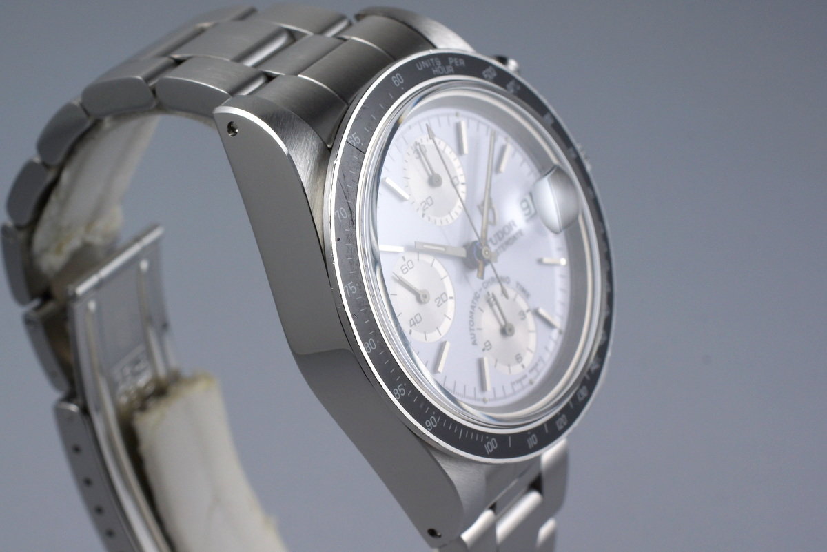 Tudor 79160, White Dial, Silver Counters. Photo: HQ Milton. · Photo: HQ Milton · © HQ Milton, used with permission · Source: https://hqmilton.com/products/1994-tudor-chronograph-big-block-79160-white-enamel-dial