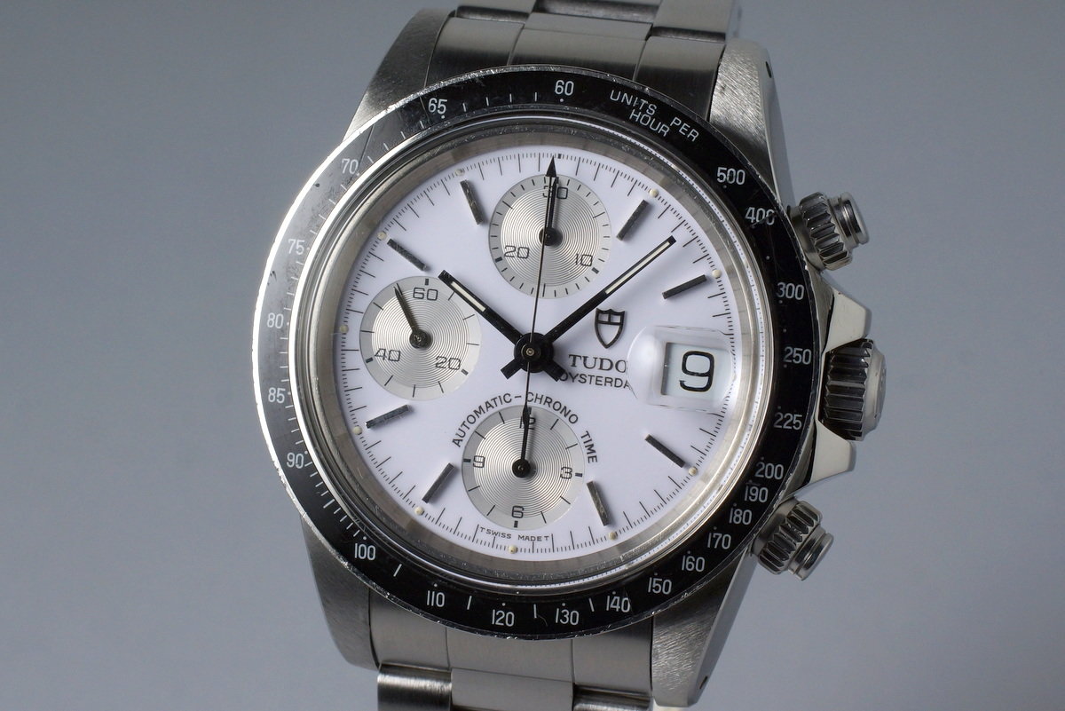 Tudor 79160, White Dial, Silver Counters. Photo: HQ Milton. · Photo: HQ Milton · © HQ Milton, used with permission · Source: https://hqmilton.com/products/1994-tudor-chronograph-big-block-79160-white-enamel-dial
