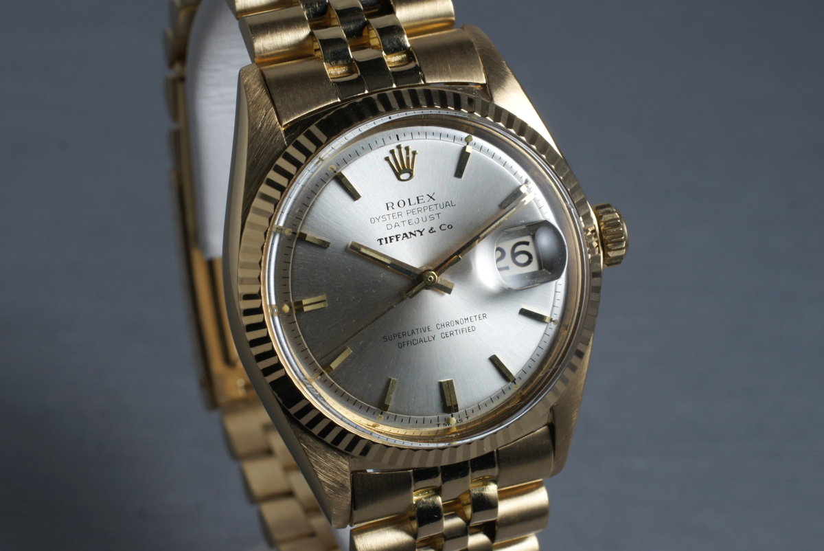 Rolex 1601 — Yellow Gold, Silver Tiffany & Co. Dial. Photographed dealer specimen. Tiffany signature is attributed by the dealer; no papers supplied. Documented example: 1966. Production span has not been established. · Photo: HQ Milton · © HQ Milton, used with permission · Source: https://hqmilton.com/products/1966-rolex-18k-datejust-1601-with-tiffany-co-dial