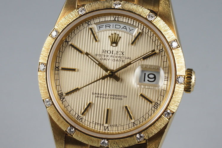 1988 Rolex YG Bark Day-Date 18308 Tapestry Dial with Factory Diamond Bark Bezel